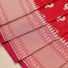 Semi Katan Silk with Peacock Butties - Red with Rani Pink Koni Border