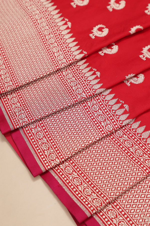 Semi Katan Silk with Peacock Butties - Red with Rani Pink Koni Border