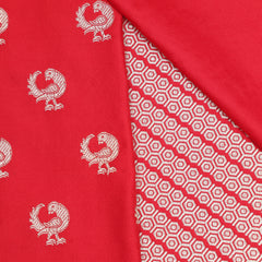 Semi Katan Silk with Peacock Butties - Red with Rani Pink Koni Border