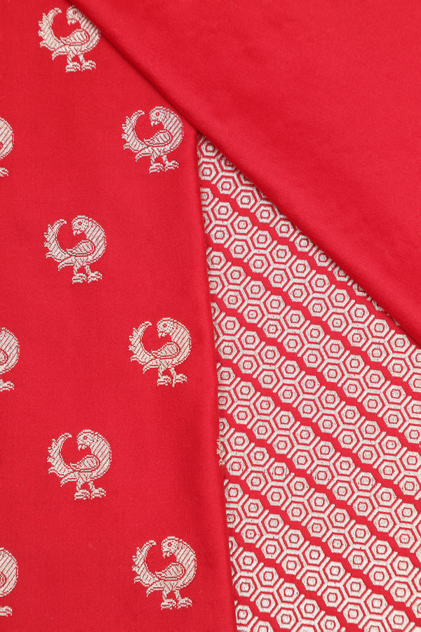 Semi Katan Silk with Peacock Butties - Red with Rani Pink Koni Border