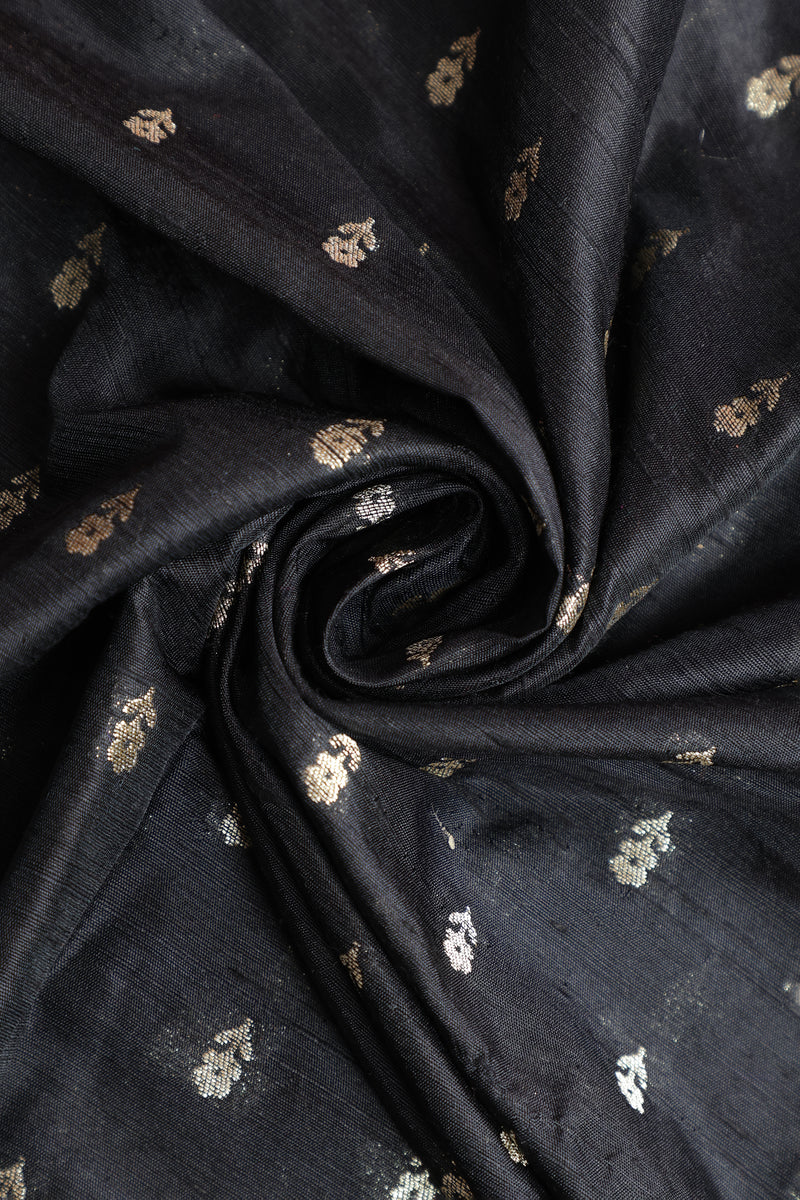 Pure Banarasi Raw Silk Fabric – Gold Zari Butta, Black (1 Meter)