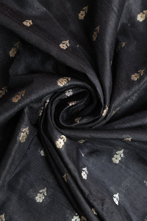 Pure Banarasi Raw Silk Fabric – Gold Zari Butta, Black (1 Meter)