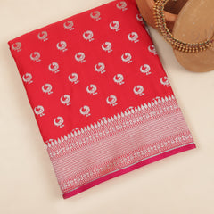 Semi Katan Silk with Peacock Butties - Red with Rani Pink Koni Border