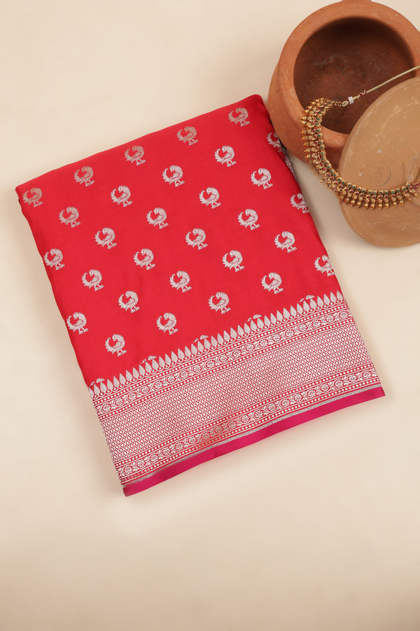 Semi Katan Silk with Peacock Butties - Red with Rani Pink Koni Border