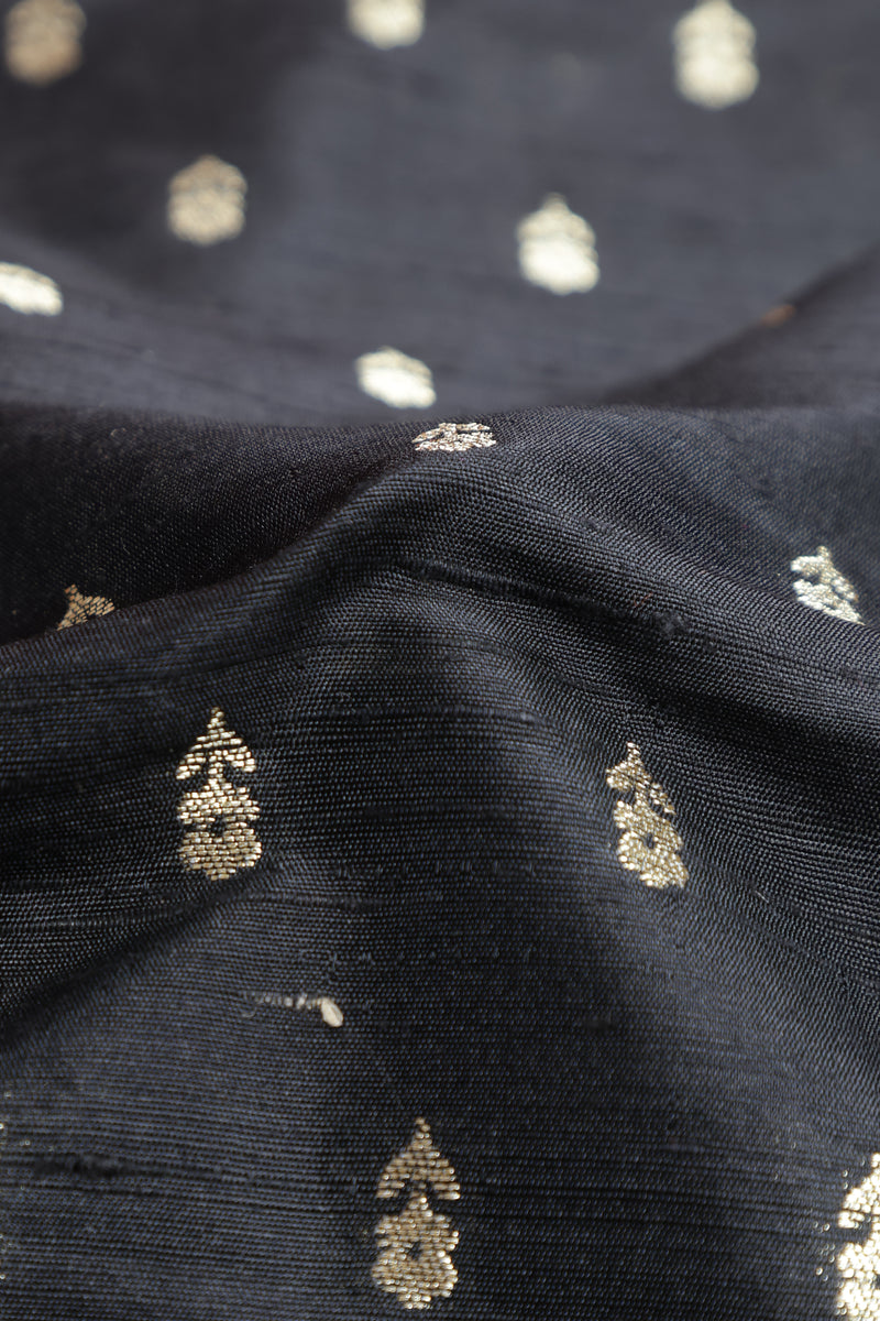 Pure Banarasi Raw Silk Fabric – Gold Zari Butta, Black (1 Meter)