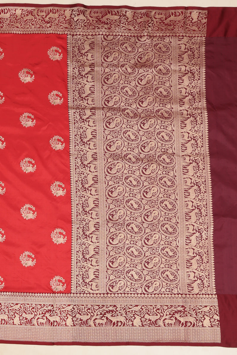 Pure katan Silk Saree with Jungla Border and Kadhua Deer Butta - Brick Orange with Maroon Border