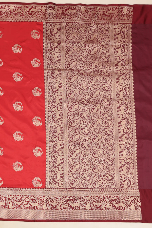Pure katan Silk Saree with Jungla Border and Kadhua Deer Butta - Brick Orange with Maroon Border