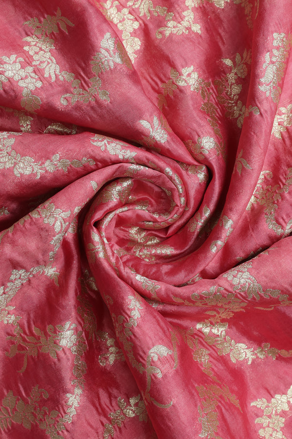 Pure Chiniya Silk Fabric – Gold Zari Jaal, Peachish Orange  (1 Meter)