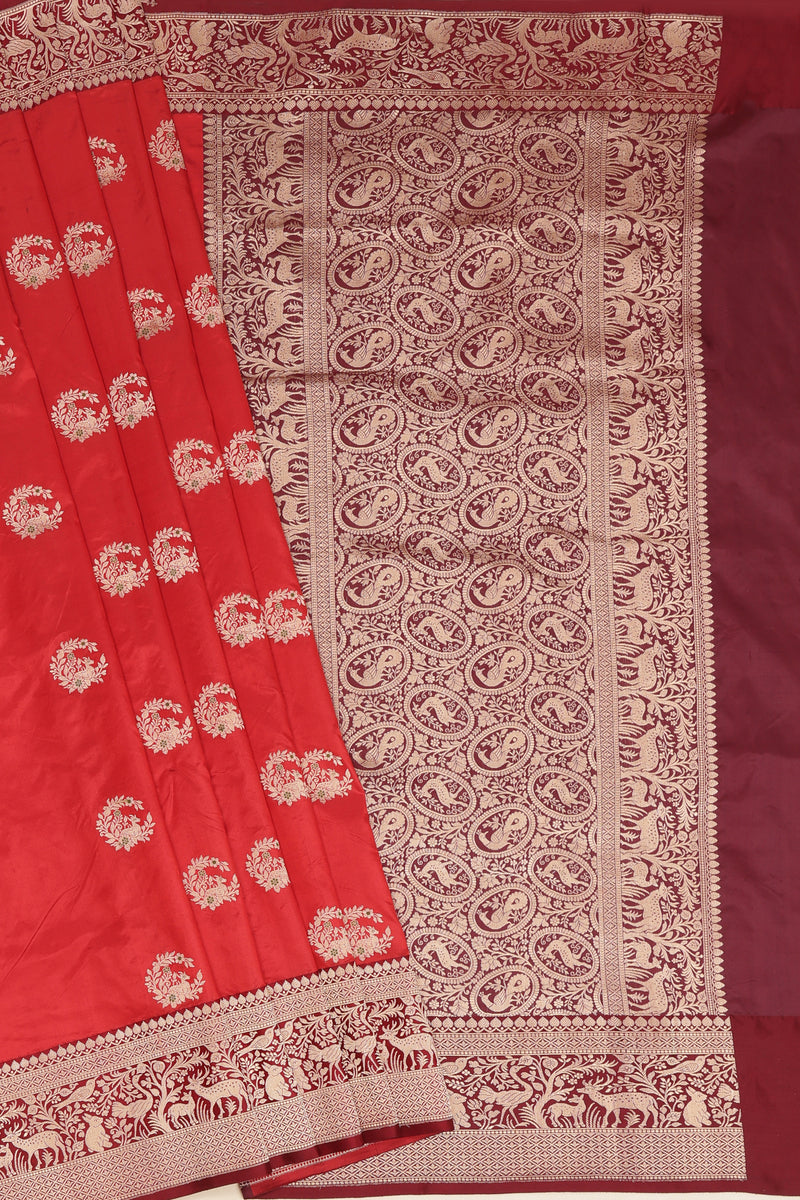 Pure katan Silk Saree with Jungla Border and Kadhua Deer Butta - Brick Orange with Maroon Border