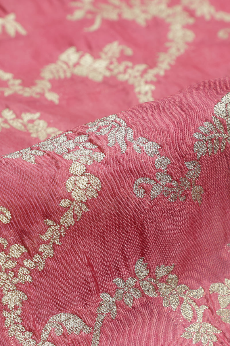 Pure Chiniya Silk Fabric – Gold Zari Jaal, Peachish Orange  (1 Meter)