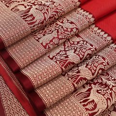 Pure katan Silk Saree with Jungla Border and Kadhua Deer Butta - Brick Orange with Maroon Border
