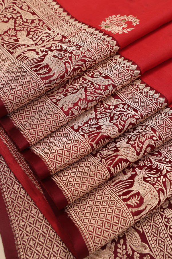 Pure katan Silk Saree with Jungla Border and Kadhua Deer Butta - Brick Orange with Maroon Border