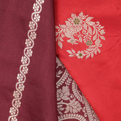 Pure katan Silk Saree with Jungla Border and Kadhua Deer Butta - Brick Orange with Maroon Border