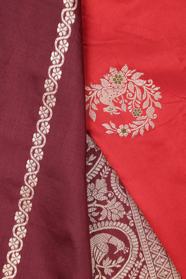 Pure katan Silk Saree with Jungla Border and Kadhua Deer Butta - Brick Orange with Maroon Border