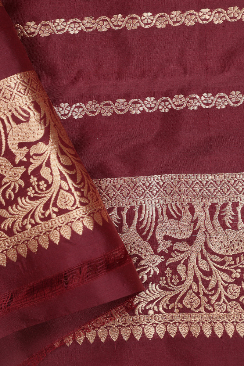 Pure katan Silk Saree with Jungla Border and Kadhua Deer Butta - Brick Orange with Maroon Border
