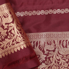 Pure katan Silk Saree with Jungla Border and Kadhua Deer Butta - Brick Orange with Maroon Border