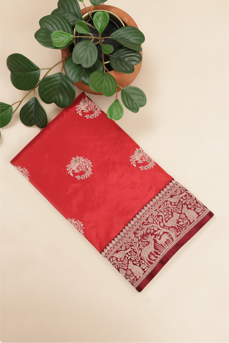 Pure katan Silk Saree with Jungla Border and Kadhua Deer Butta - Brick Orange with Maroon Border