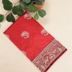 Pure katan Silk Saree with Jungla Border and Kadhua Deer Butta - Brick Orange with Maroon Border
