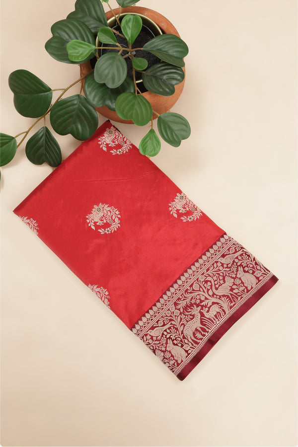 Pure katan Silk Saree with Jungla Border and Kadhua Deer Butta - Brick Orange with Maroon Border