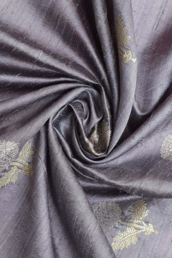 Pure Silk Fabric – Silver & Gold Zari Butties, Grey ( 1 Meter)