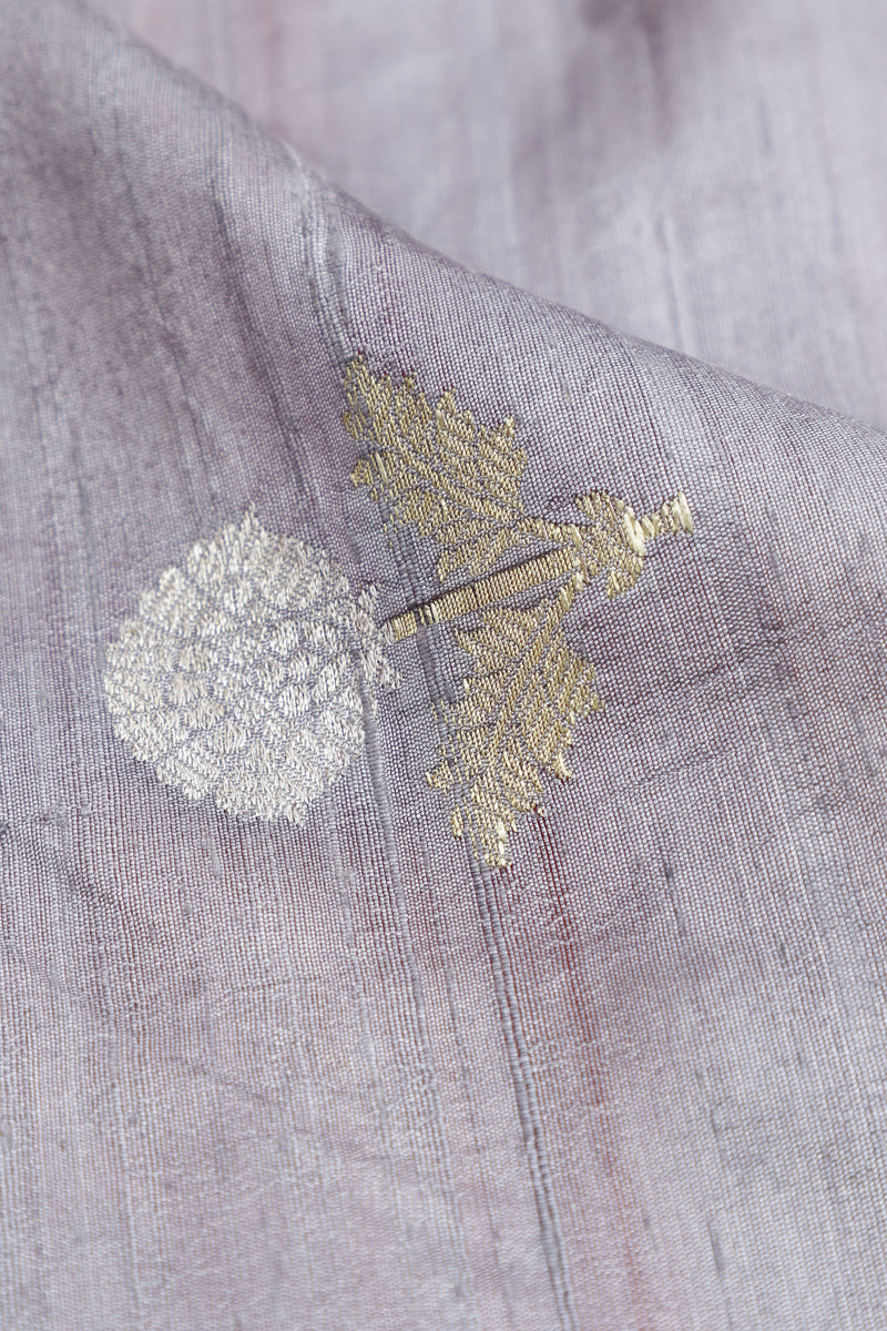 Pure Silk Fabric – Silver & Gold Zari Butties, Grey ( 1 Meter)
