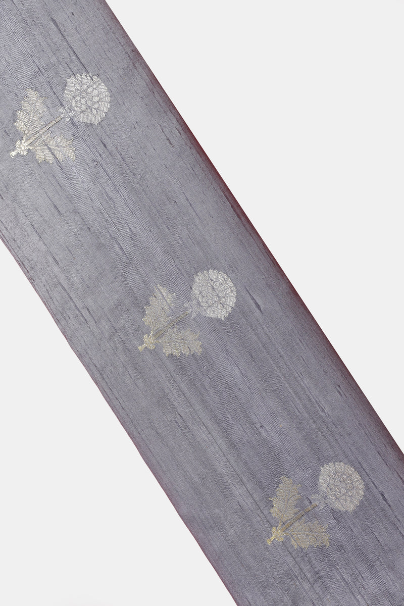 Pure Silk Fabric – Silver & Gold Zari Butties, Grey ( 1 Meter)