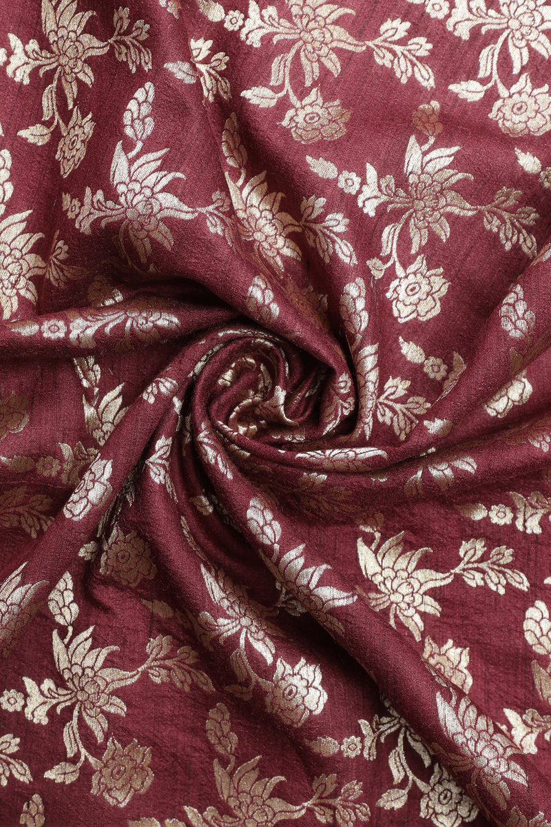 Pure Raw Silk Fabric – Gold Zari Jaal, Chocolate Brown ( 1 Meter)